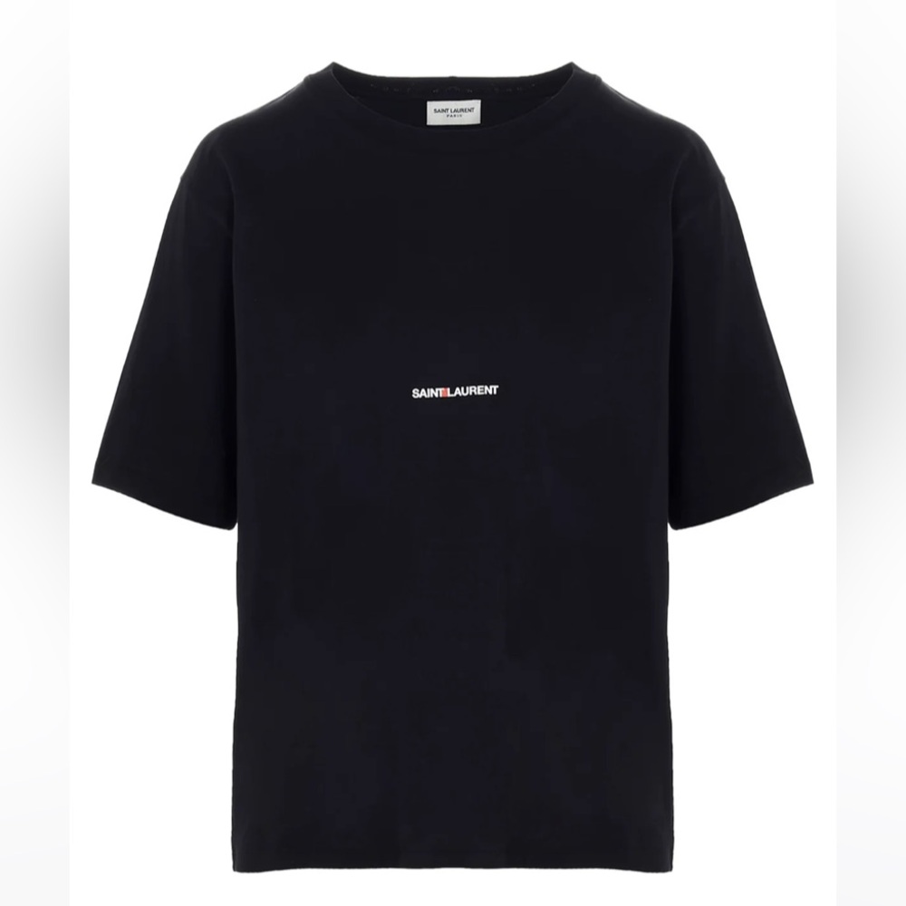 YSL Saint Laurent Black Center  Logo Short Sleeve T-Shirt Top Sz Small Women